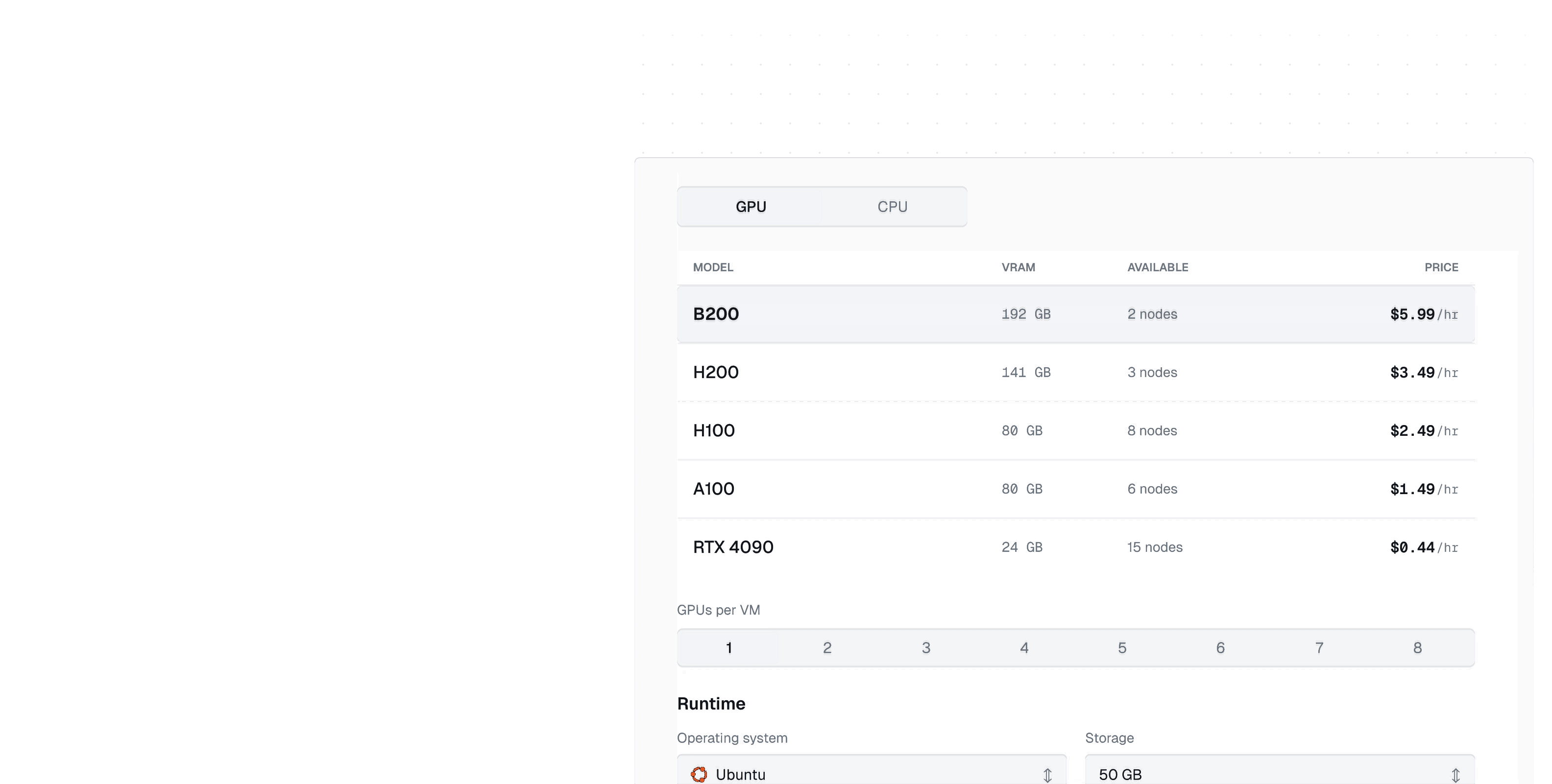 OpenRelay console: Create VM with GPU selection, runtime, and deployment summary